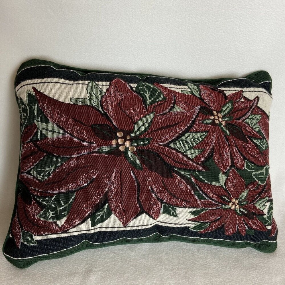 Tapestry Throw Pillow Christmas Holiday Poinsettias Rectangle Red Green White